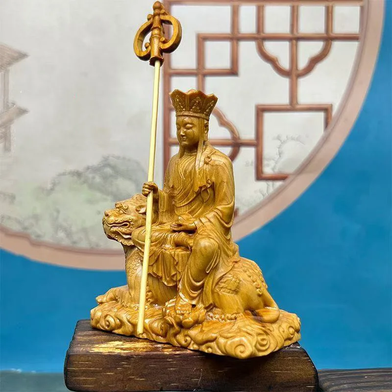 Natural Cypress  Riding God Beast Ksitigarbha King Bodhisattva Figure Statue ，Home room office decoration feng shui statue