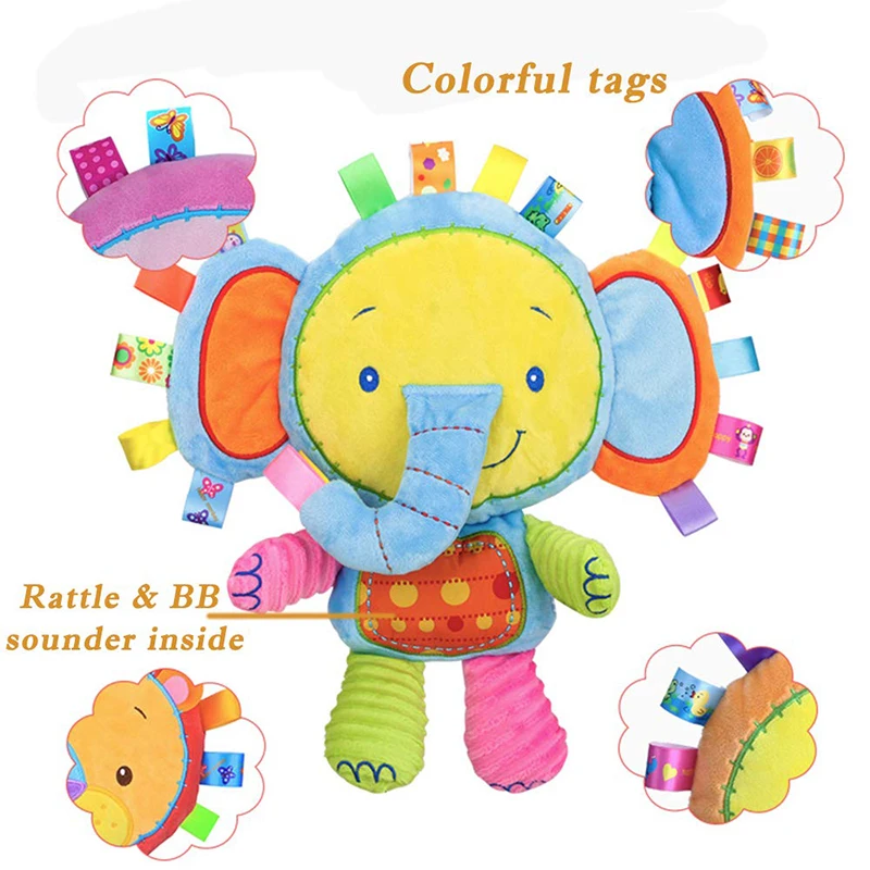 Lovey Elephant Plush Toy Baby Tags Stuffed Animal soothing doll Built-in Rattles Sensory Toy for Newborn Toddler Infant Gifts