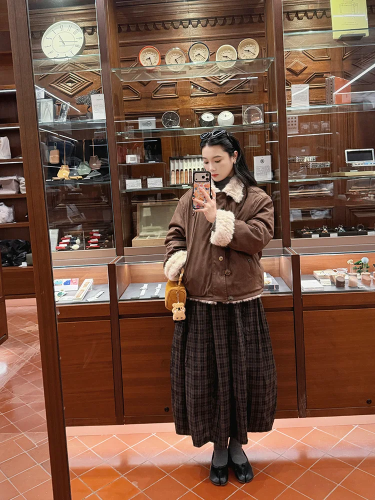 Jaqueta Feminina de Couro e Veludo Dupla Face, Quente e Elegante para o Inverno, Nova Coleção, com Forro de Couro e Pelo Integrado, Estilo Casual, Manga Longa