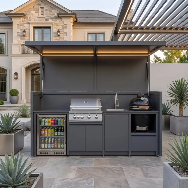 304 Stainless Outdoor Kitchen Pod Waterproof Modern Bifold Doors BBQ Shed with Fridge Custom