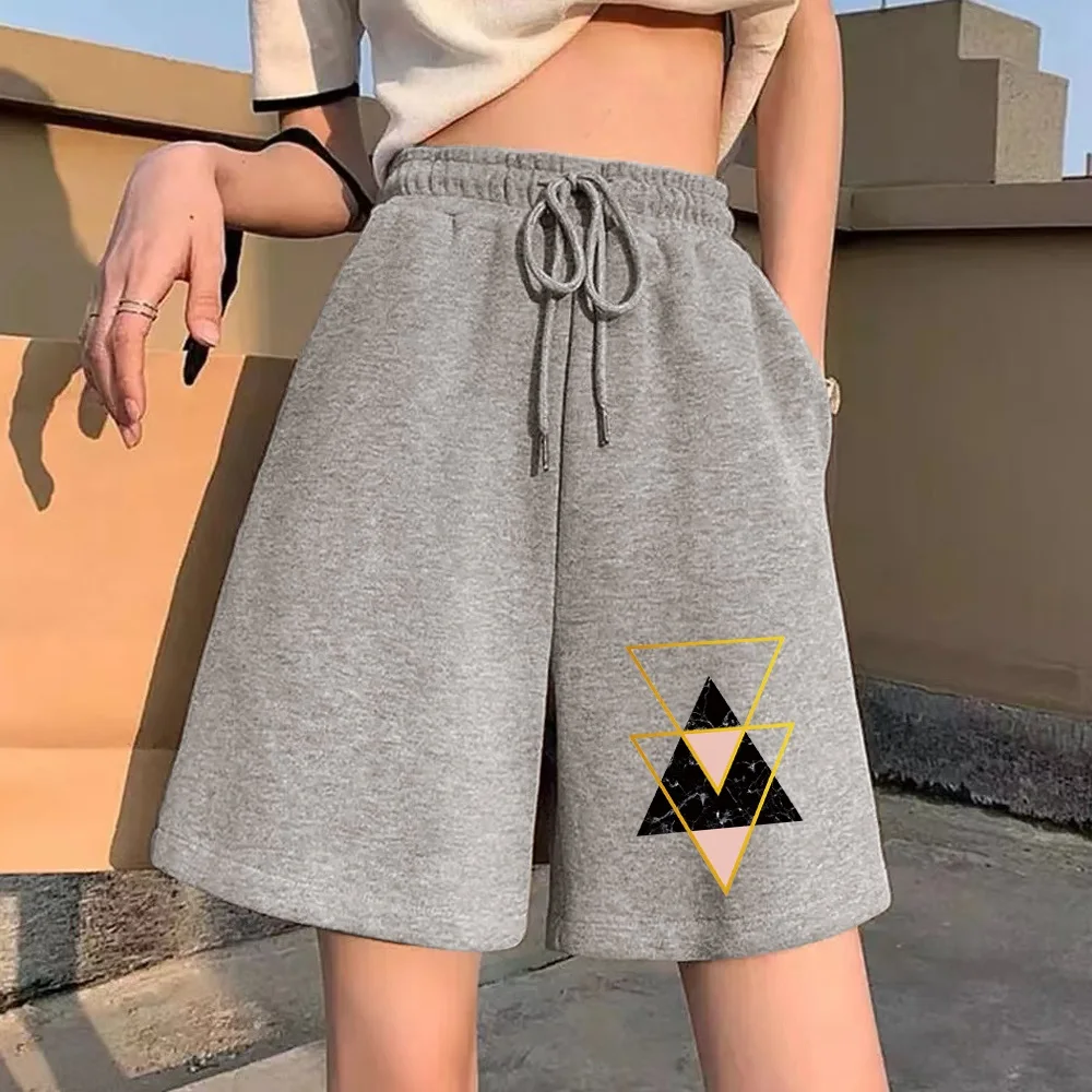 Pantalones cortos de moda para mujer, pantalones cortos holgados informales Harajuku con estampado de formas de personalidad, pantalones cortos con cinturón elástico para estudiantes