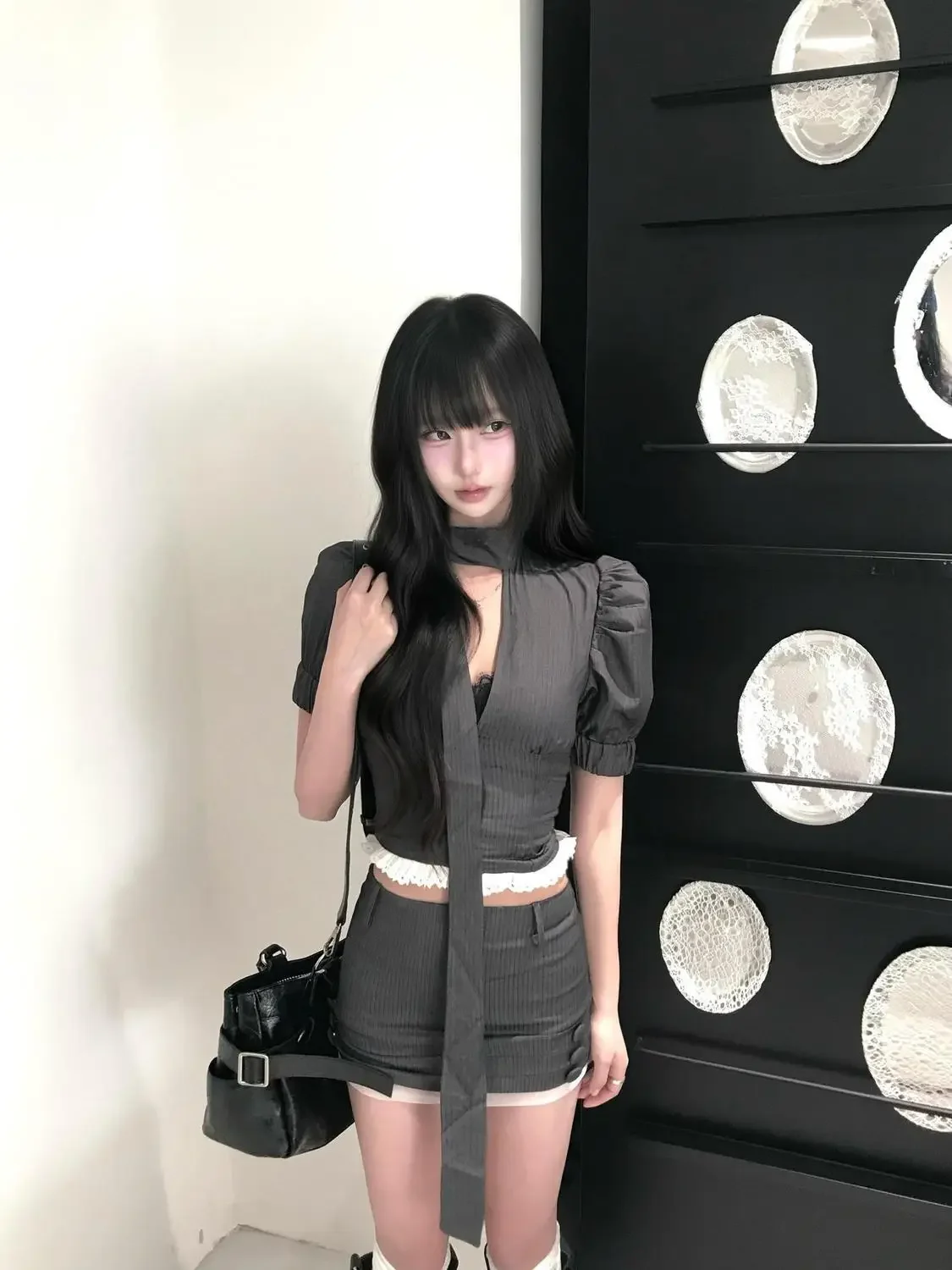 IMU Korean Vintage Y2K 2 Piece Set Women Puff Sleeve Pinstripe Lace Trim Crop Top High Waist Mini Skirt Slim Fit Party Outfits 2