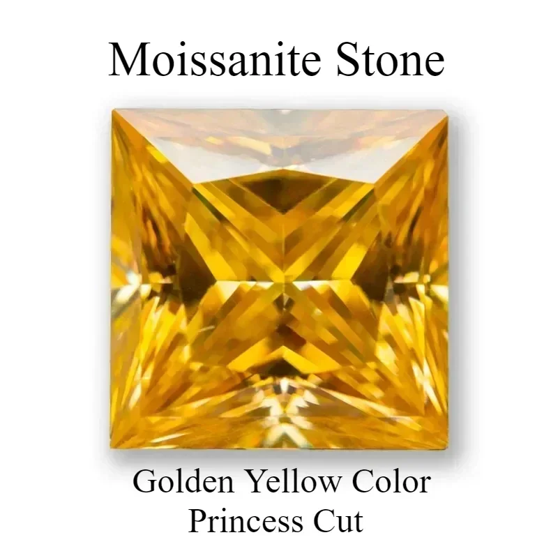 

Moissanite Loose Stone Princess Cut Golden Yellow Colour Lab Grown Created Gemstone Pass Diamond Tester With GRA Certificate