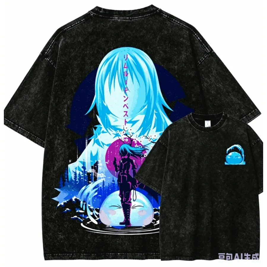 Anime That Time I Got Reincarnated As A Slime Rimuru Tempest Oversized T Shirt 100% Cotton Vintage Washed T-shirt for Men Women
