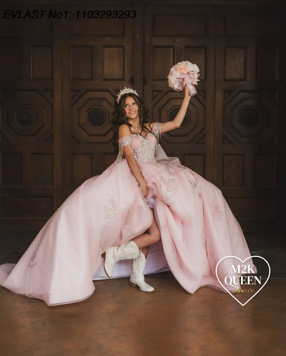 Evlast personalizado mexicano rosa quinceanera vestido de baile renda floral apliques miçangas arco doce 16 vestidos de 15 anos e1qn532