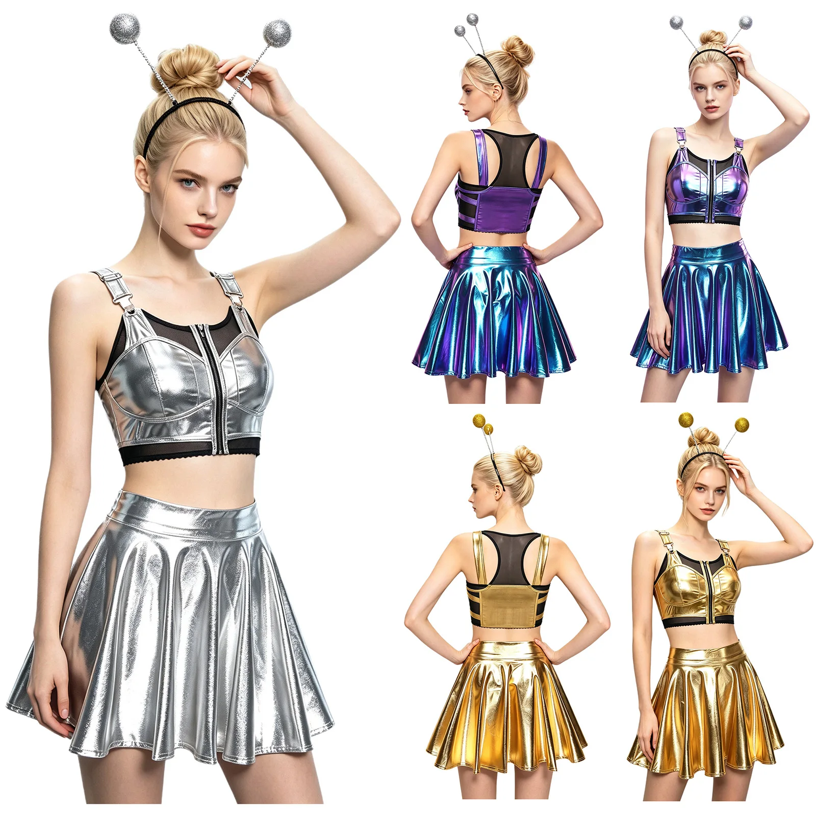 Déguisement Alien Sexy Femme – Crop Top Métallisé, Jupe et Serre-Tête – photo 2