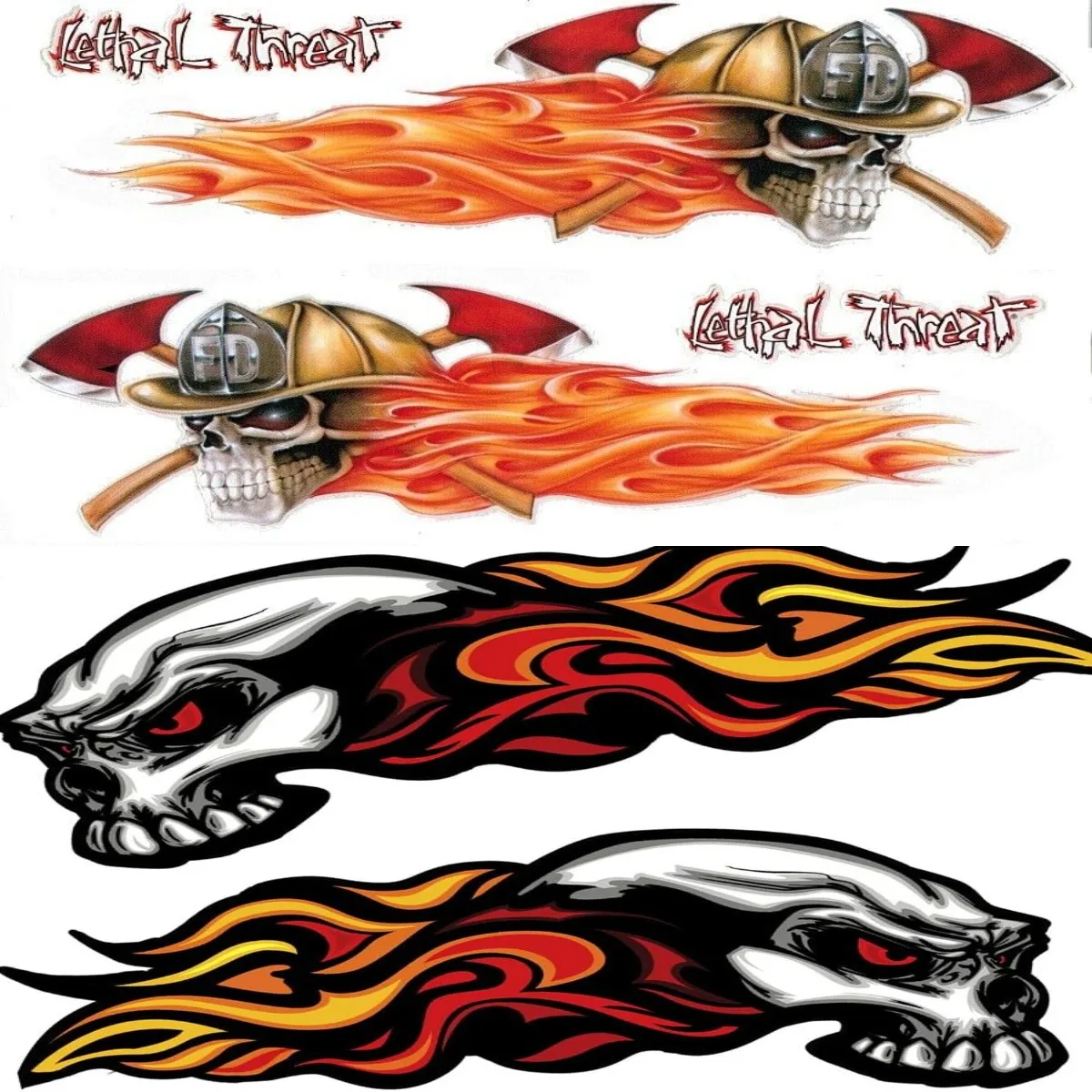 2 X Vinyl Stickers Skull Head Fire Flames Scary Horror Car Motorcycle Helmet Trolley Case Wall Body Windows Sports Decals