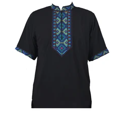 Chinese Xinjiang Uyghur Ethnic Traditional Embroidery Tops for Women Men Summer Stand Collar Tees T-Shirts Vintage Tshirt