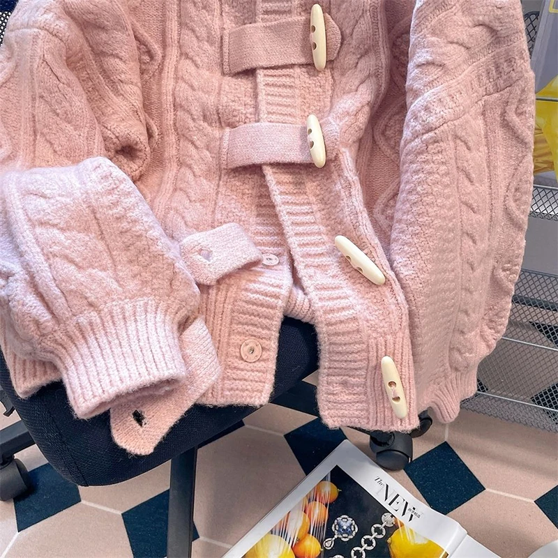 韓国トグルボタンケーブルニットセーター女性ピンク長袖フード付きカーディガンルーズ怠惰なカジュアルソフトプレッピースタイルコート