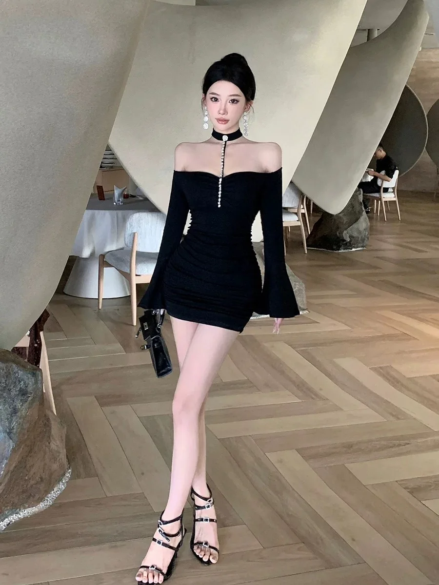 Lady Rheinstone Hanging Neck Autumn Dresses Elegant Slash Neck Flare Sleeve Winter Dress Women Hip Skinny Black Purple Dresses