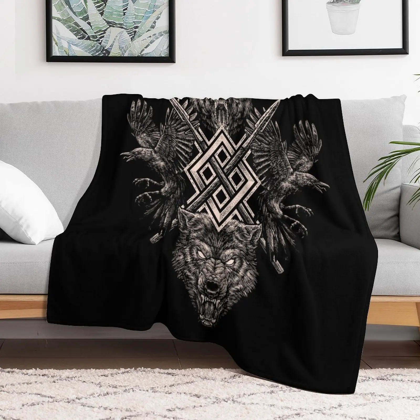 Viking Wolf Raven of Odin Geri Freki Huginn Muninn Norse Mythology Gungnir Throw Blanket Extra Large Throw Sofa Throw Blankets