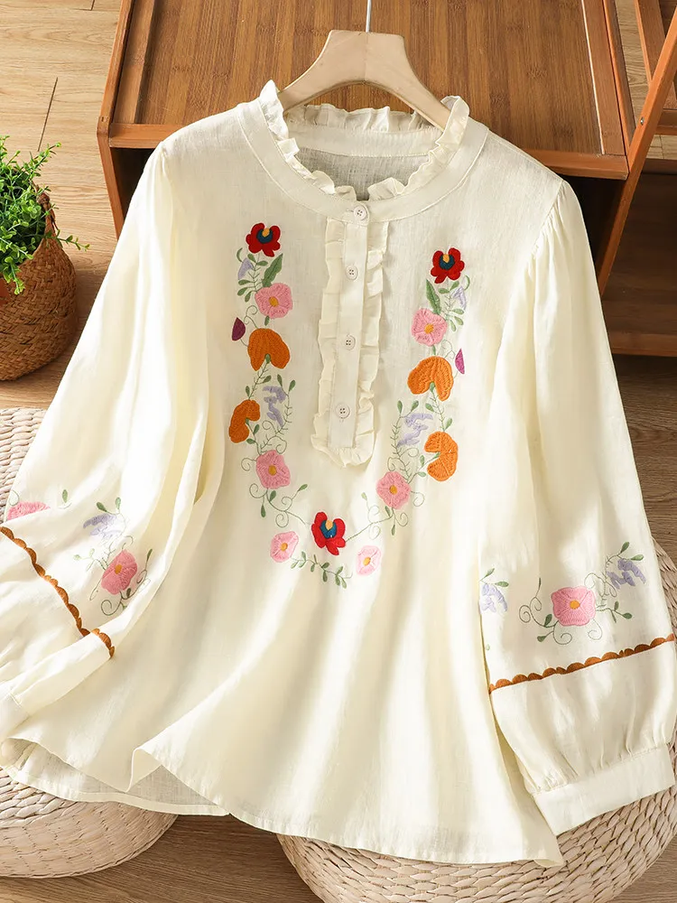 

Casual Style Floral Plant Embroidery Stand Collar plus Size Women's Shirt Artistic Retro Breathable Long Sleeve Top