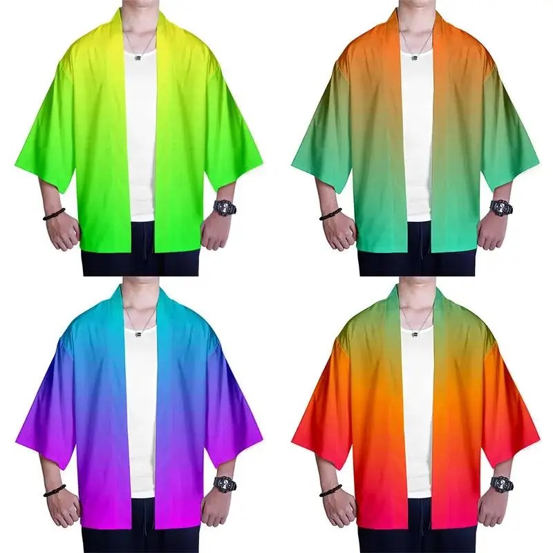 Japanische bunte Farbverlauf Kostüm 3D-Druck Kimono-Shirt Hip-Hop-Männer Sieben-Punkt-Ärmel Tops Regenbogen Strickjacke Jacke Streetwear