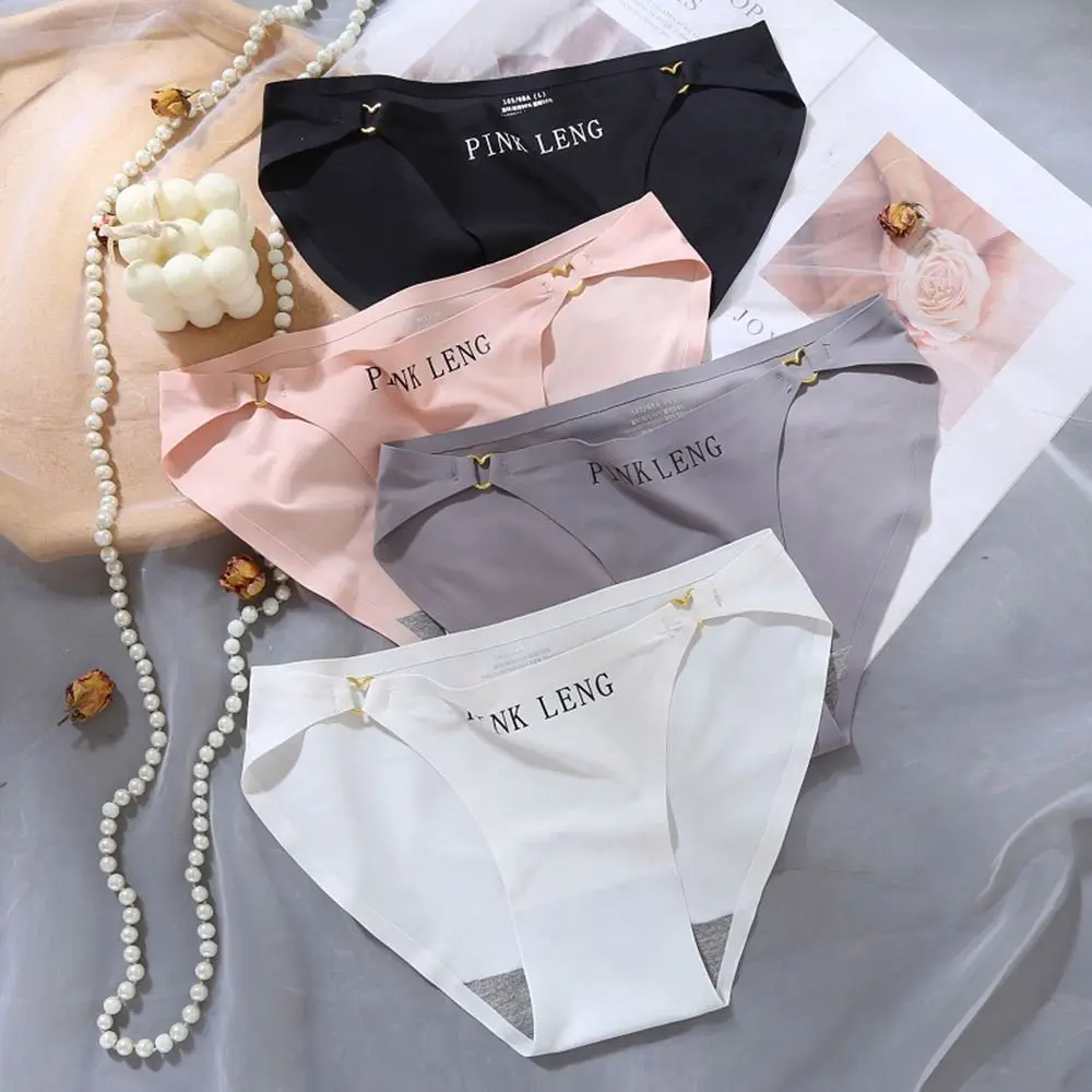 

Sports Letter Traceless Thin Sexy Women's Underwear Ice Silk Heart Metal Decoration Traceless Panties Seamless Briefs