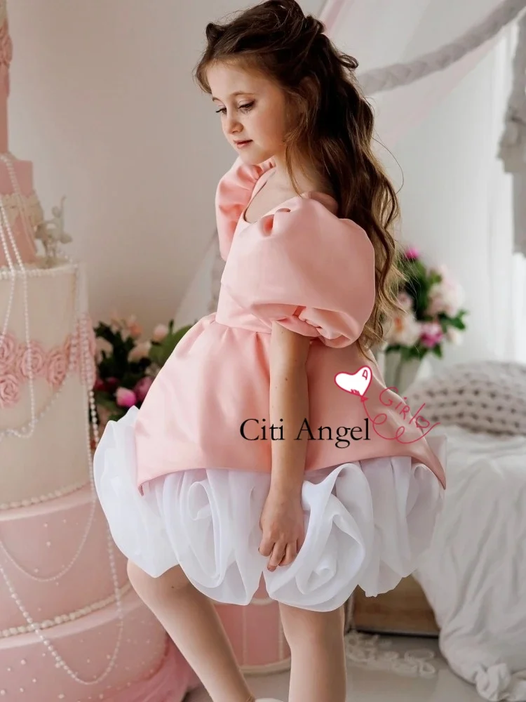 

Милое детское платье с цветочным узором для девочек, розовое многоуровневое свадебное платье с короткими рукавами для девочек, наряд-пачка для малышей, детские платья на день рождения