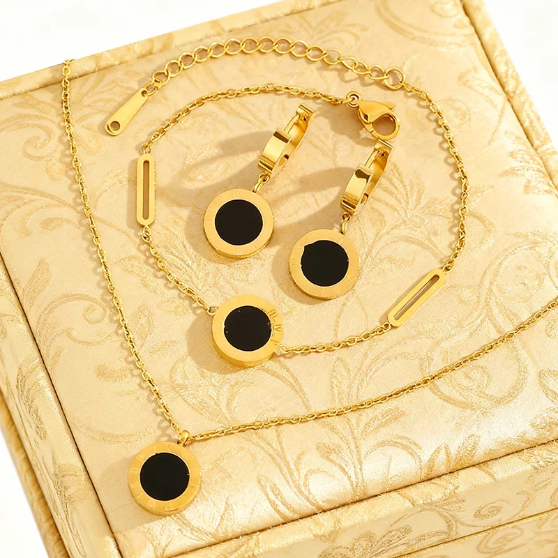 طقم مجوهرات بالأرقام من الفولاذ المقاوم للصدأ للنساء ، قشرة سوداء وبيضاء ، قلادة سلسلة O ، سوار ، أقراط ، زفاف ، كامل ،