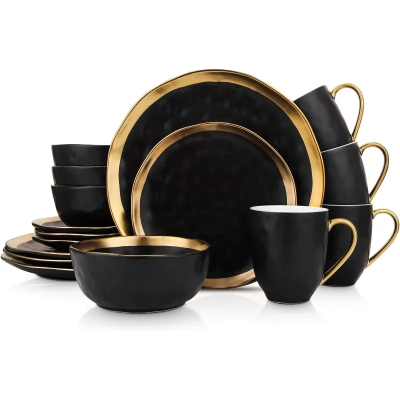 Porcelain 16 Piece Dinnerware Set, Service for 4, Black and Golden Rim