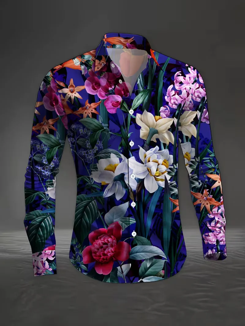 Men's Casual Shirt New Product Printed Long Sleeved Button Down Lapel Shirt men's Fashionable Beach Vacation Shirt Top