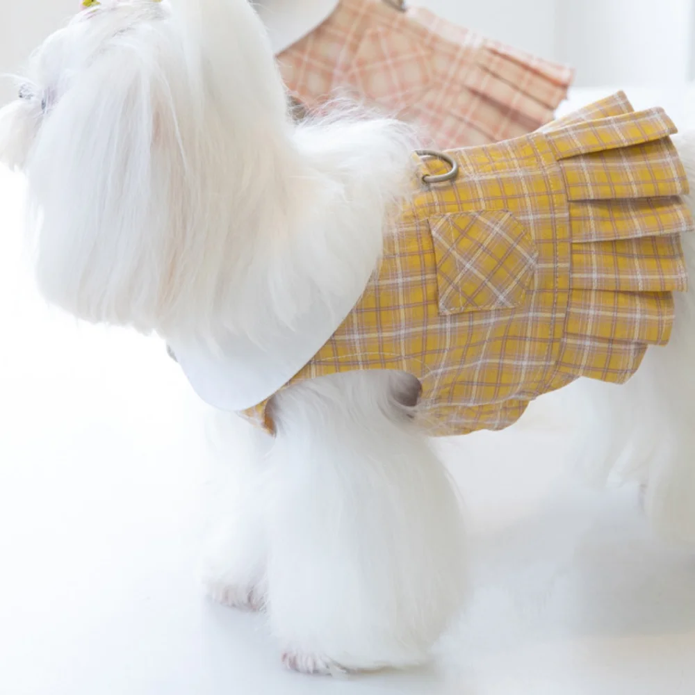 Spring/Summer Checker Chest Strap Dog Skirt Tulip Bow Bichon Teddy Short Skirt Dog Harness and Leash Set Dog Accessories