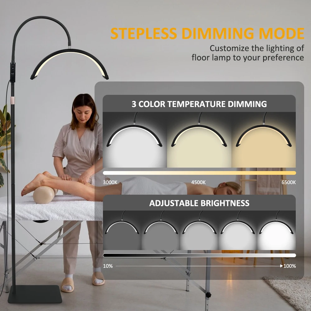 3000K-6500K 19in Gooseneck Half Moon Light 30W LED Floor Lash Lamp with Remote Control for Lashes Nail Desk Tattoo Estheticians
