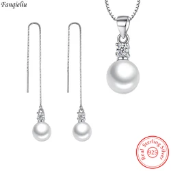 Real 925 Sterling Silver Crystal Pearl Pendant Necklace Long Drop Earrings Jewelry Sets For Women New Trendy FQL23091
