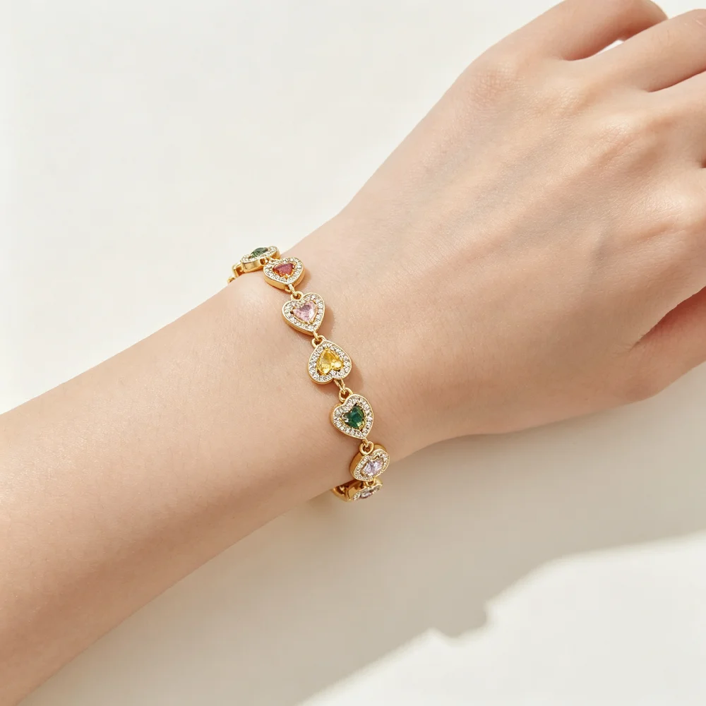 Greatera Damenarmband aus Kupfer mit Herzanhänger, zierliche, farbenfrohe Zirkon-Handkette, Party, klassisch, romantisch, wasserdichter Schmuck – Detail 8