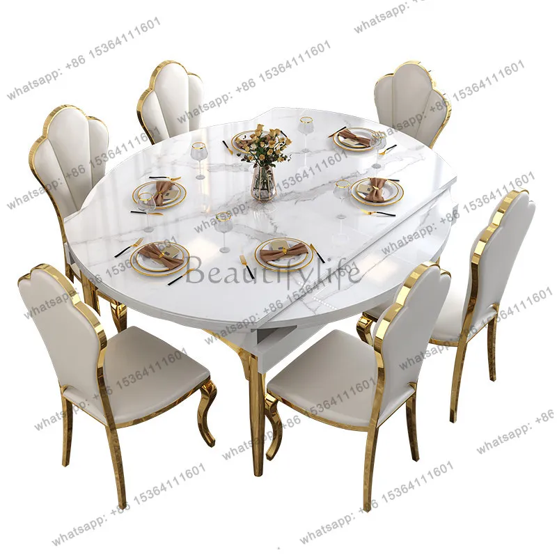 Slate dining table retractable cream style French modern simple folding round dining table
