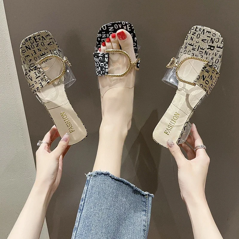 Crystal Transparent Slippers Female Shoes Middle Heels Comfortable New Summer Women Shoes Woman Fashion Cool Letters Slippers