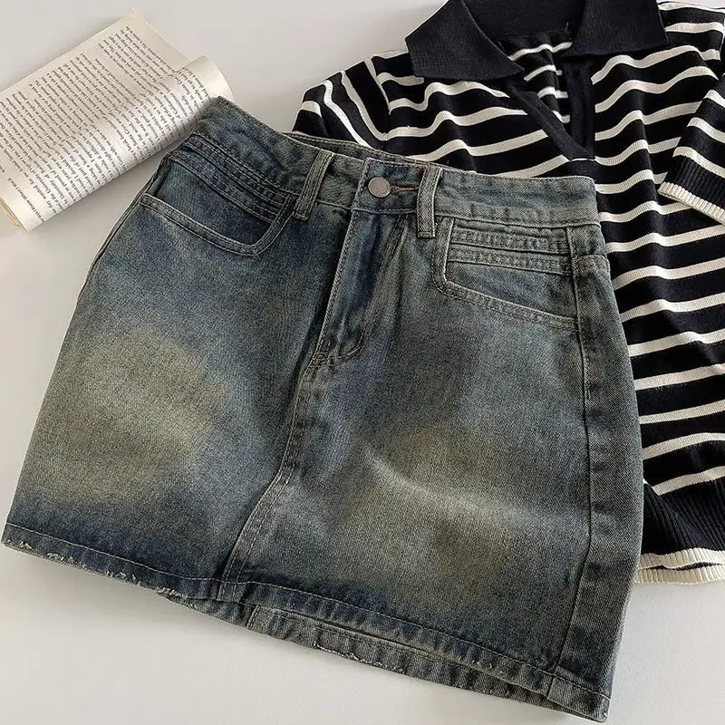 Retro Dark Short A Word Denim Skirt 2024 Spring New Women High Belt Anti-exposure Short dress