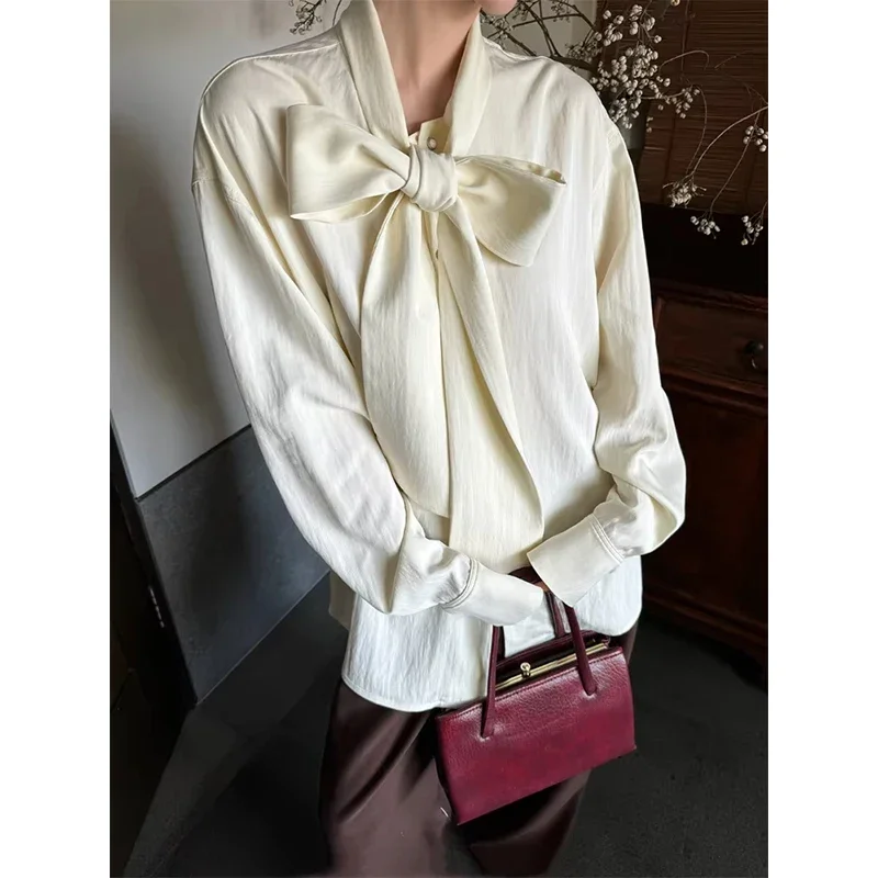 خمر التعادل قمصان النساء أنيقة القوس ضمادة البلوزات الصيف مكتب السيدات الكورية طويلة الأكمام واحدة الصدر تصميم بلايز عادية #1