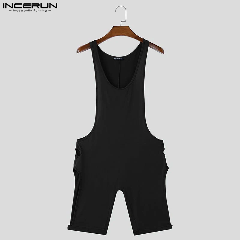 INCERUN Hollow Sleeveless Onesies 2024 Men Causal Knitted Solid Color Flat Angle BodysuitsSimple Fitting Comfortable Homewear