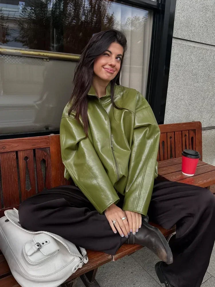 

Women Biker Leather Jackets Minimalist High Neck Outerwear Coat Loose Fit Autumn Jacket Casual Chic Street Fashion Zipper Top