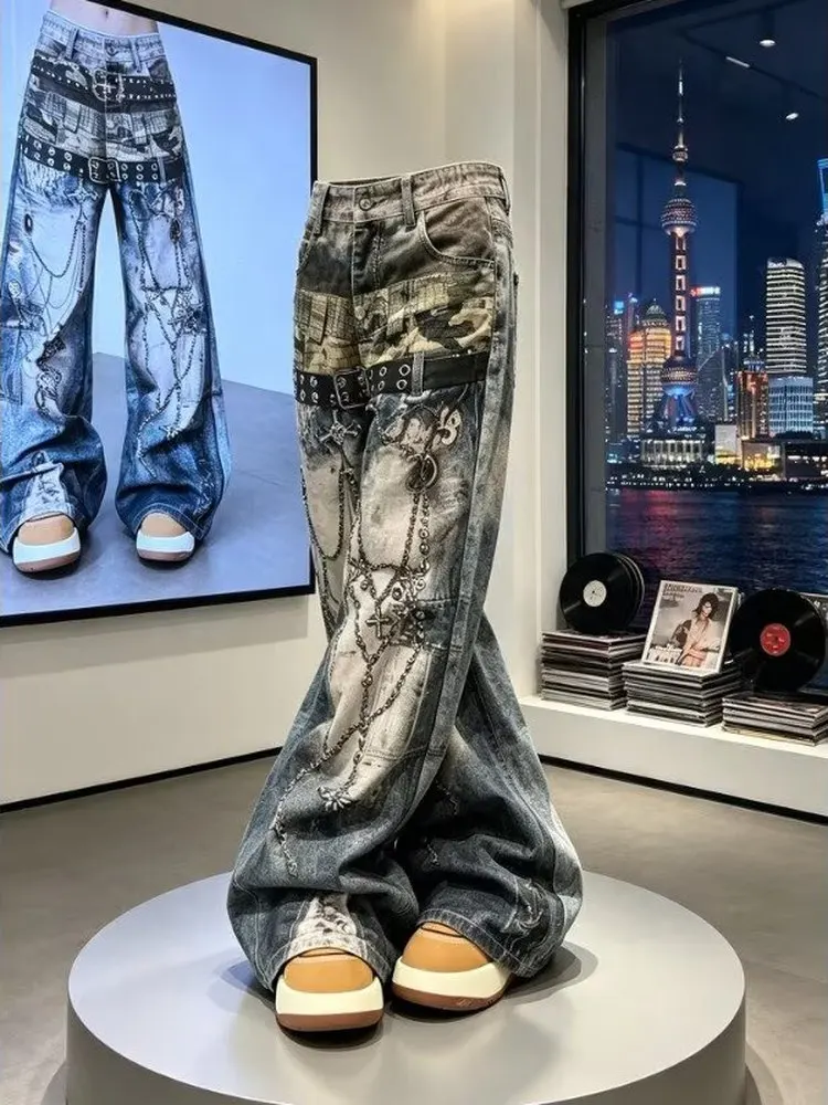 American High Street Chain 3D Digital Print Vintage Jeans Men's Hip Hop Floor-Length Trousers Casual Loose Straight Leg Jeans