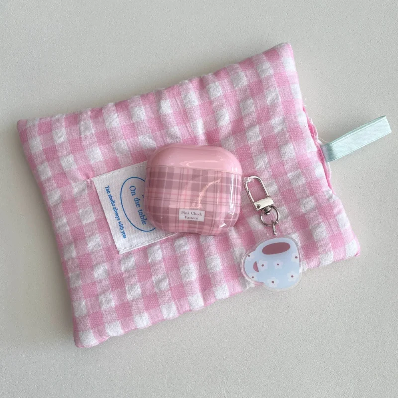 

Personalized Pink Plaid Simple Earphone Case Compatible with Appleairpods3/4Generation Cartoon Pendant ShellPRO2/PRO3