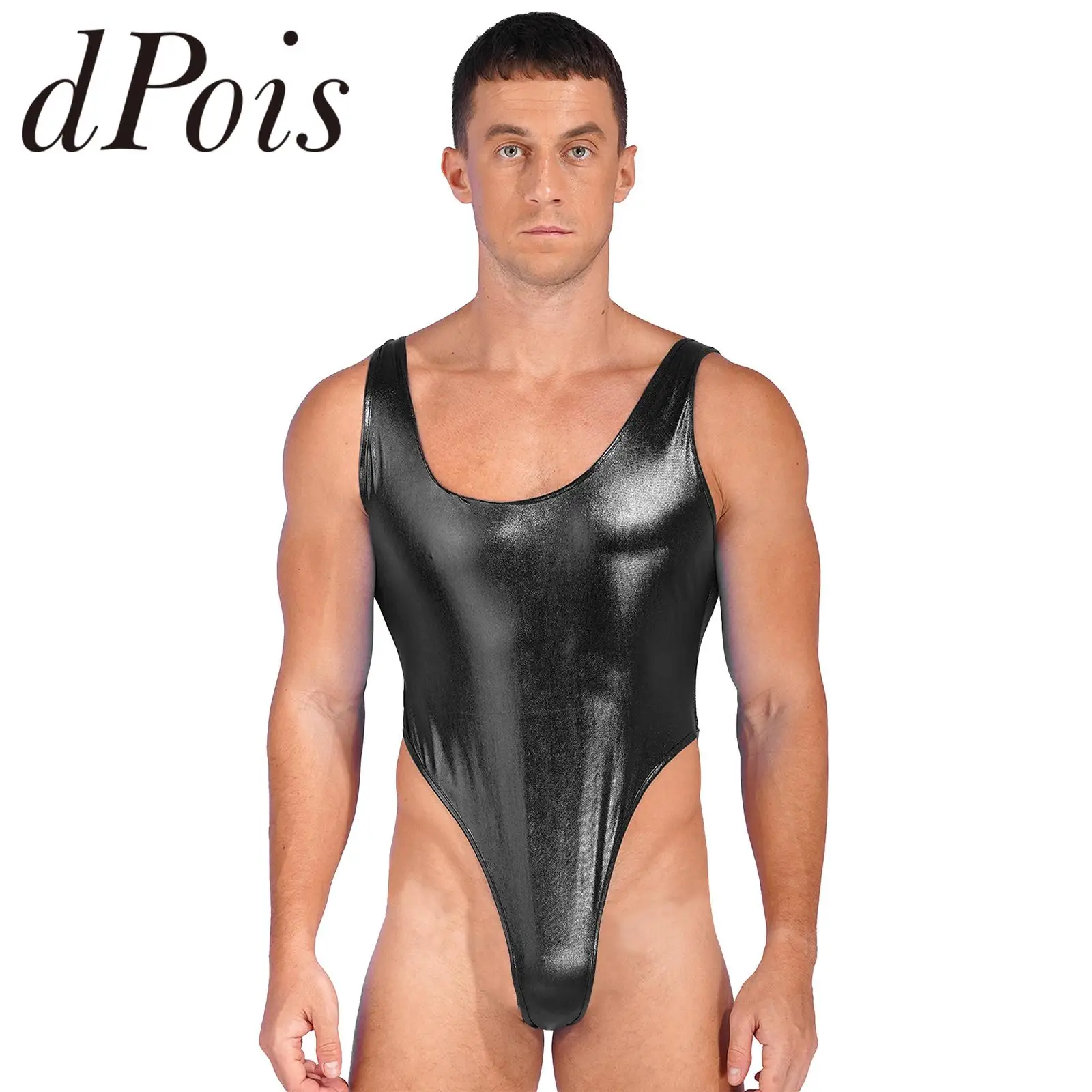

Mens One-piece Swimsuit Swimear for Man Bathing Suit Sleeveless High Cut Wetlook Faux Leather Stretch Leotard Beach Bodysuit