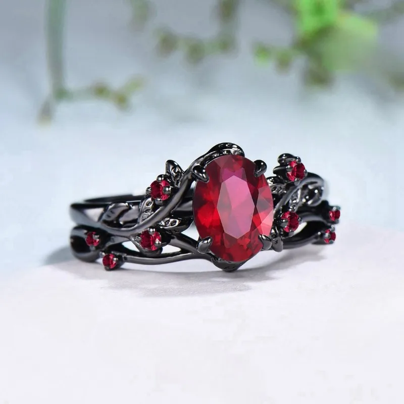 European and American New Retro Style Ruby Inlaid Gun Black Rose Branch Cross Women\'s Ring