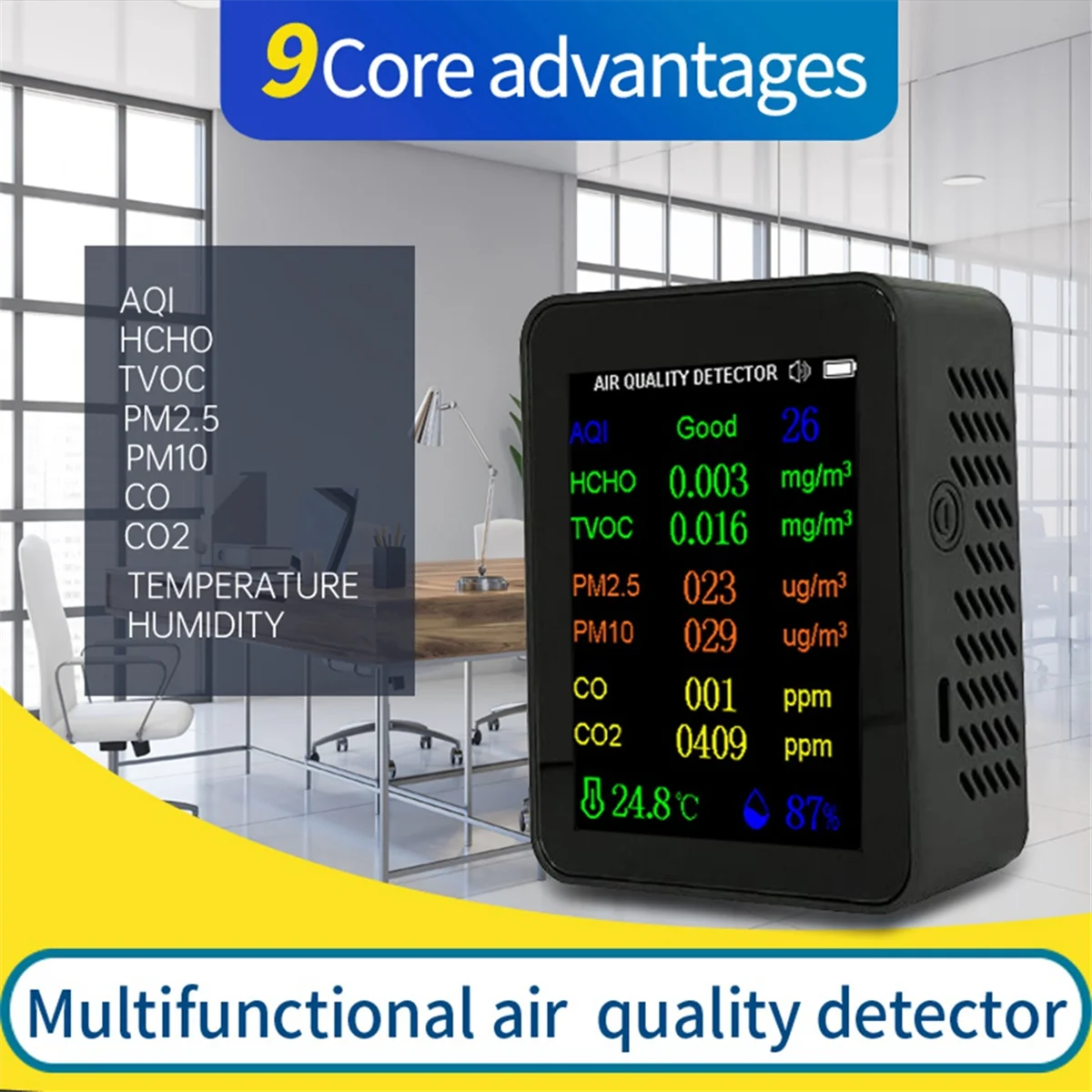 2025 جديد 9 في 1 مقياس جودة الهواء المحمول PM2.5 PM10 CO CO2 TVOC HCHO جهاز قياس درجة الحرارة والرطوبة شاشة ملونة، أبيض