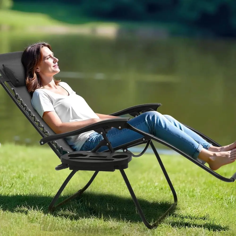 Zero Gravity Chair, Outdoor Lounge Chair - Black | Adjustable Pillow, Cup Holder, Reclining Camping Chair for Beach, Lawn, Garde