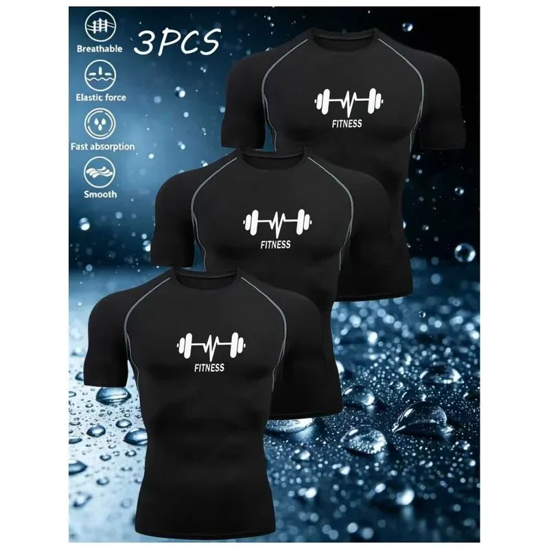 3-Pack Men's Sports Compression Quick-Drying Short Sleeve T-Shirt Breathable High Elasticity Slim Fit for Gym Running