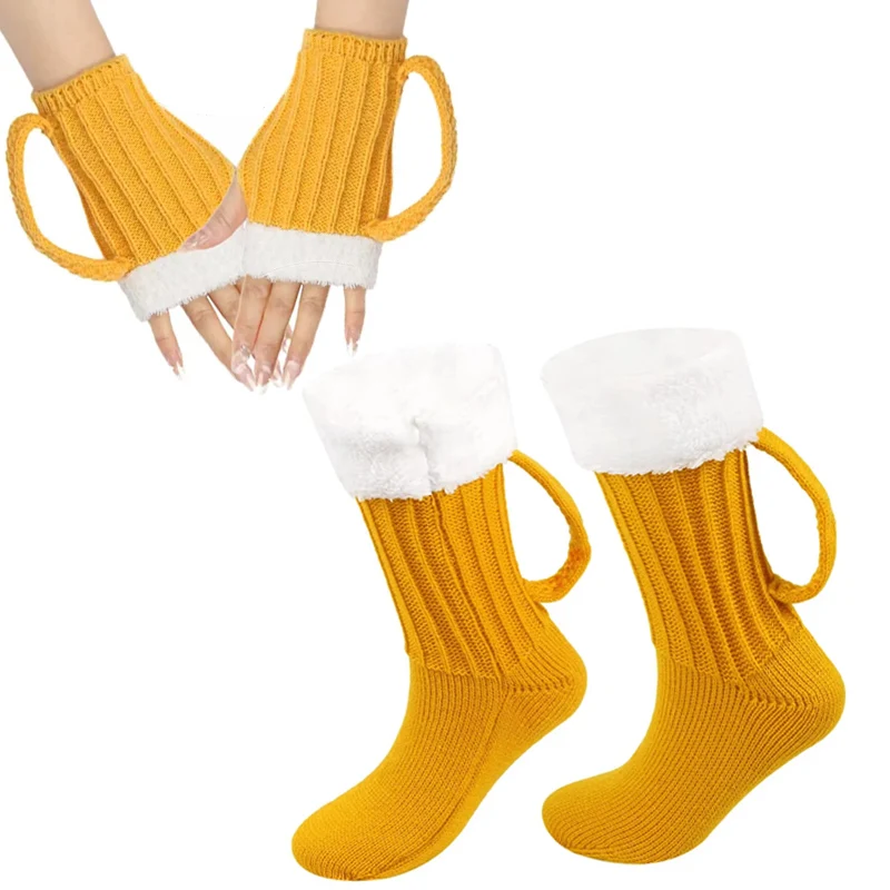 3D Bierkrug Gestrickte Socken Herren Gepolsterte Warme Mitte Der Wade Socken Frauen Winter Weiche Lustige Schlaf Boden Socken Wollsocken Weihnachtsgeschenk