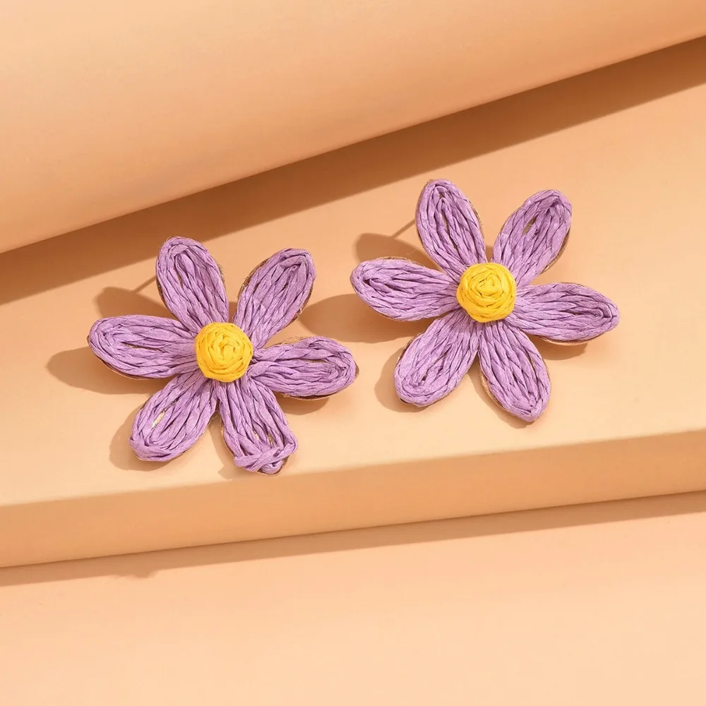 Raffia Sunflower Earrings Exaggerated Shape Ethnic Style Weaved Ear Accessories Bohemia Jewelry Flower Stud Earrings Daily