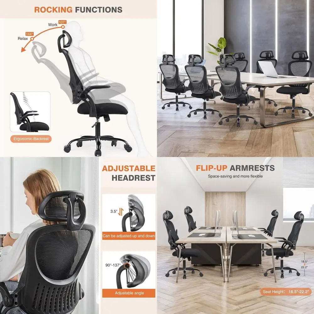 

Ergonomic High-Back Mesh Office Chair with Adjustable Headrest, Lumbar Support, and Flip-Up Arms for Home and Study, Black