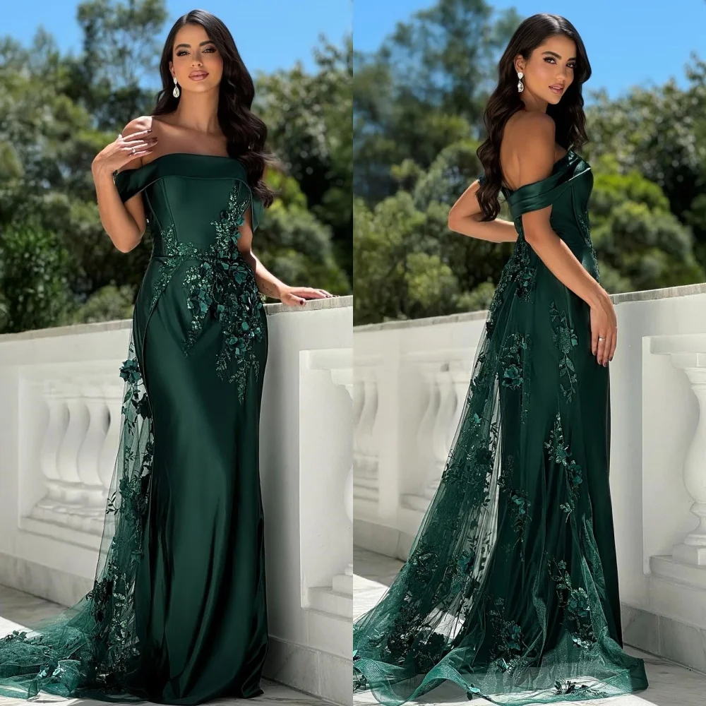 

Customized Exquisite Matching Charmeuse Handmade Flower Sequined Mermaid Off-the-shoulder Long Dresses Bespoke Occasion Dresses