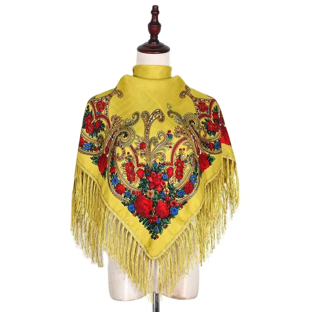 Russian Square Scarf Traditional Ukrainian Shawls Women Luxury Floral Print Fringed Bandana Spanish Ethnic Style Head Wraps