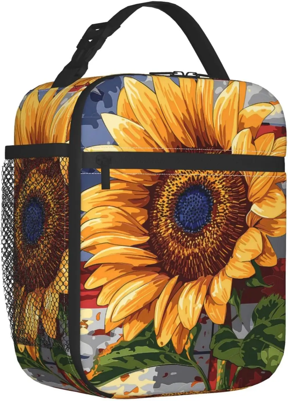 Patriotic Floral Reusable Thermal Insulation Cooler Tote Bags American Flag Rustic Bloom Insulated Bag for Student School