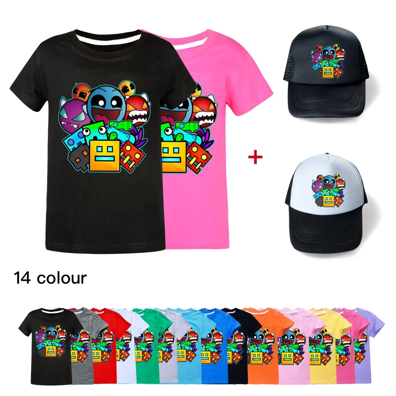 

Game Geometry Dash T Shirt Summer Kids Cartoon Casual Clothes Junior Boys Short Sleeve Tops Baby Girls Fashion T-shirt&Sunhat