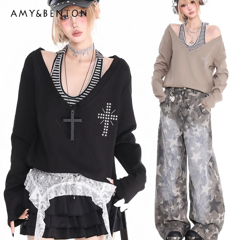 

Original Design Black Fake Two-Piece Long Sleeve Women's Hoodies 2025 Autumn New Loose Off-Shoulder Halter Sweet Cool Top Laides