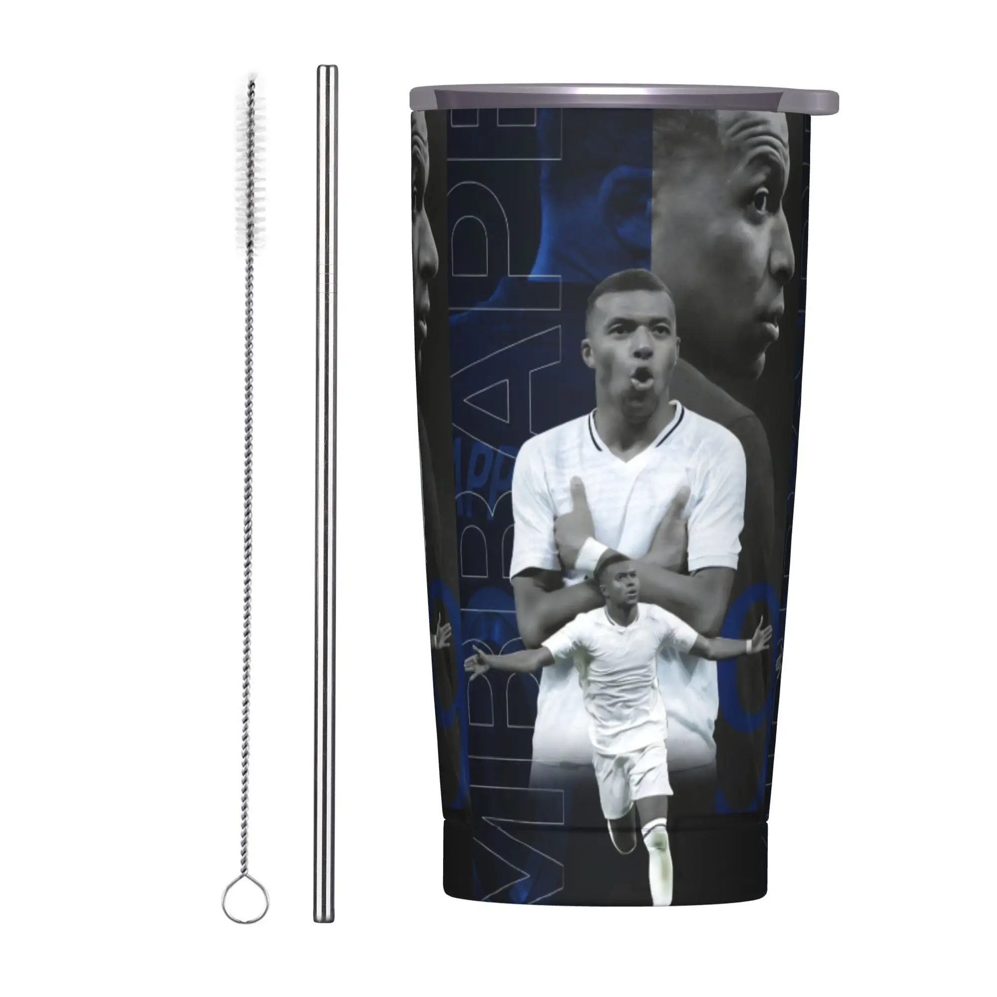 Mbappes Insulated Tumbler with Straws Lid Football Soccer Stainless Steel Coffee Mugs Office Home Water Bottle Cups, 20oz