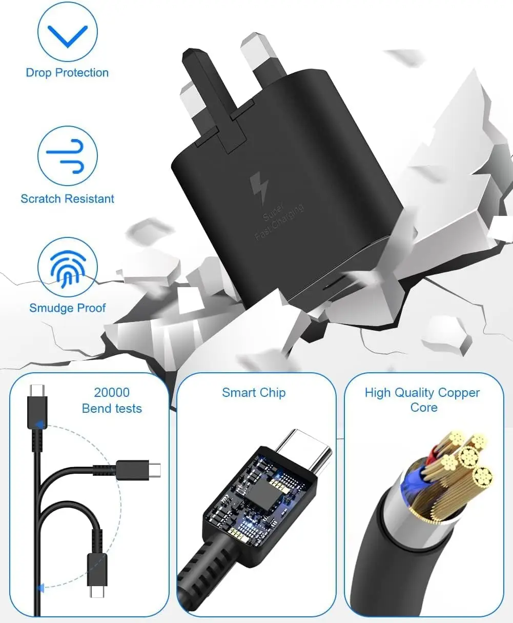 Зарядное устройство для мобильного телефона USB-C с британской вилкой 25 Вт и двойным кабелем Type-C длиной 1 м, сверхбыстрая зарядка для Samsung S23 Ultra/S24/S25