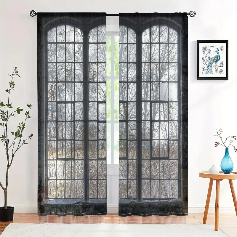 2 pieces, worn-out industrial style, French window landscape glass curtains - living room, bedroom, and other home decorations